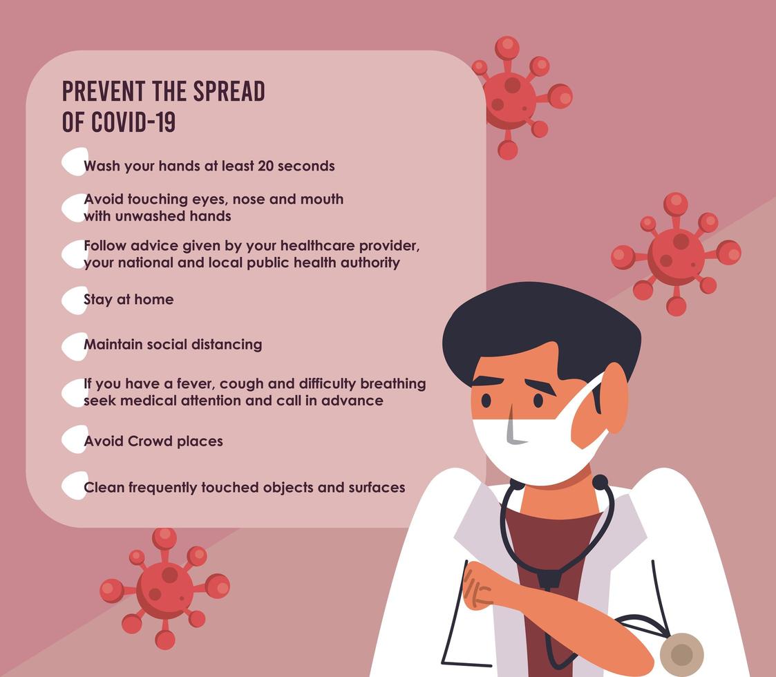 prevent the spread of covid19 campaign with male doctor vector