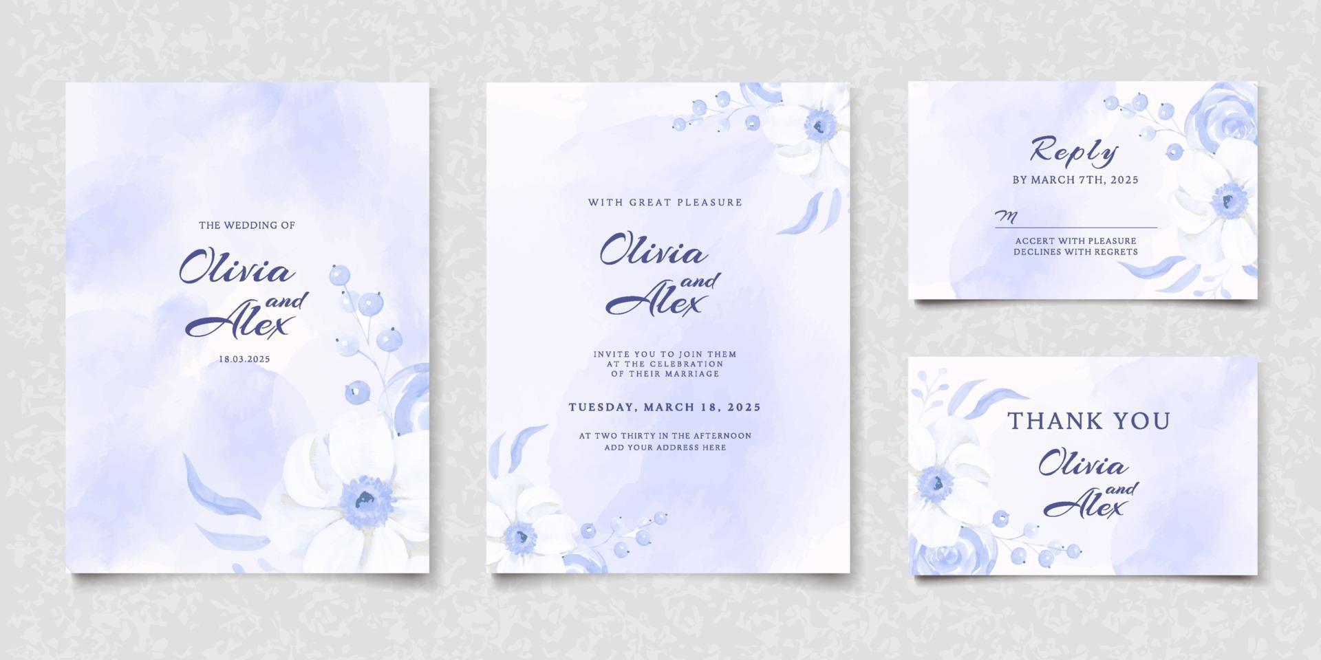 conjunto de tarjeta de invitación de boda floral azul acuarela vector