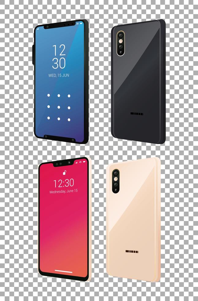 cuatro iconos de dispositivos de teléfonos inteligentes de maqueta vector