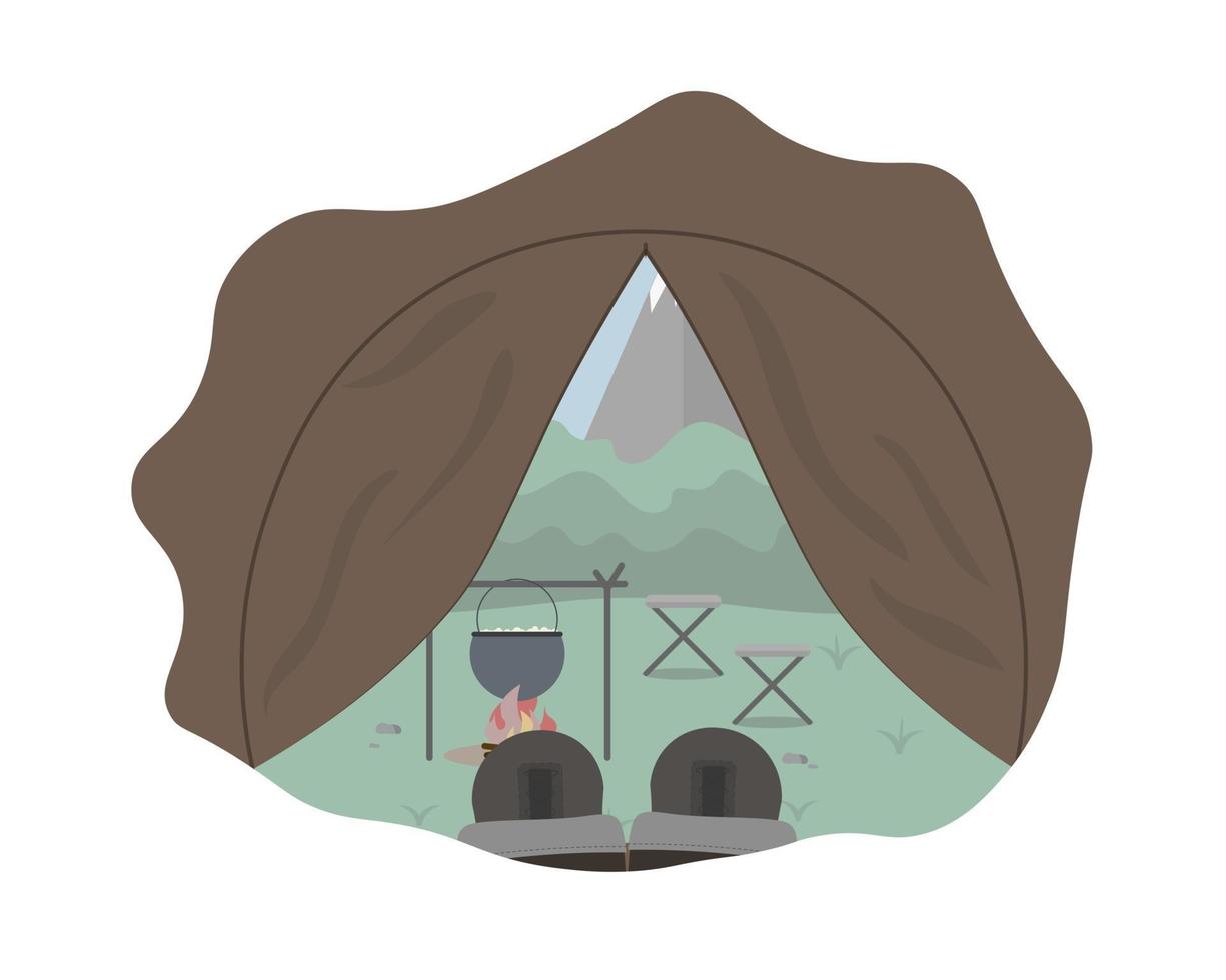 View from inside the tourist camping tent in the forest and mountains with boots Local vacation Concept vector illustration