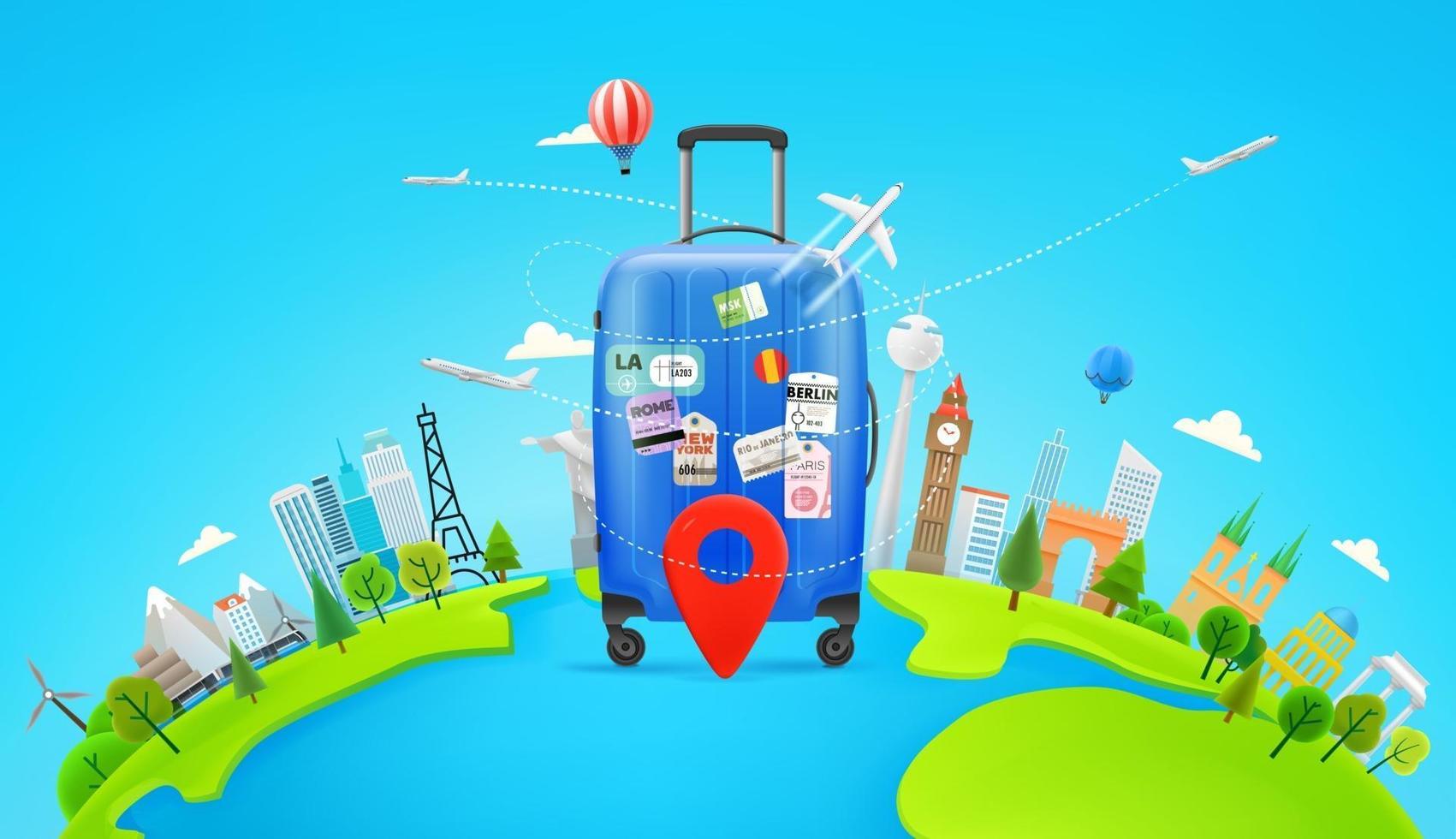 Travel concept with blue handbag and world panorama vector