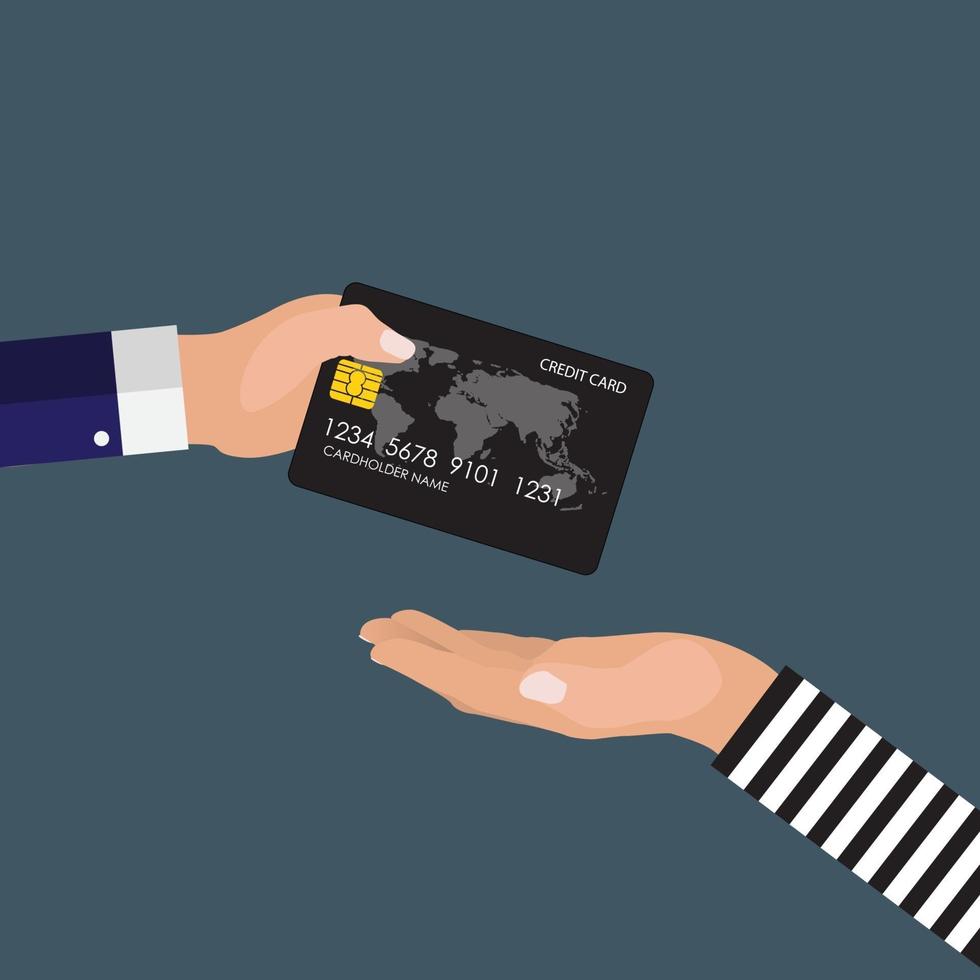 Hand of victim giving a credit card to robber vector