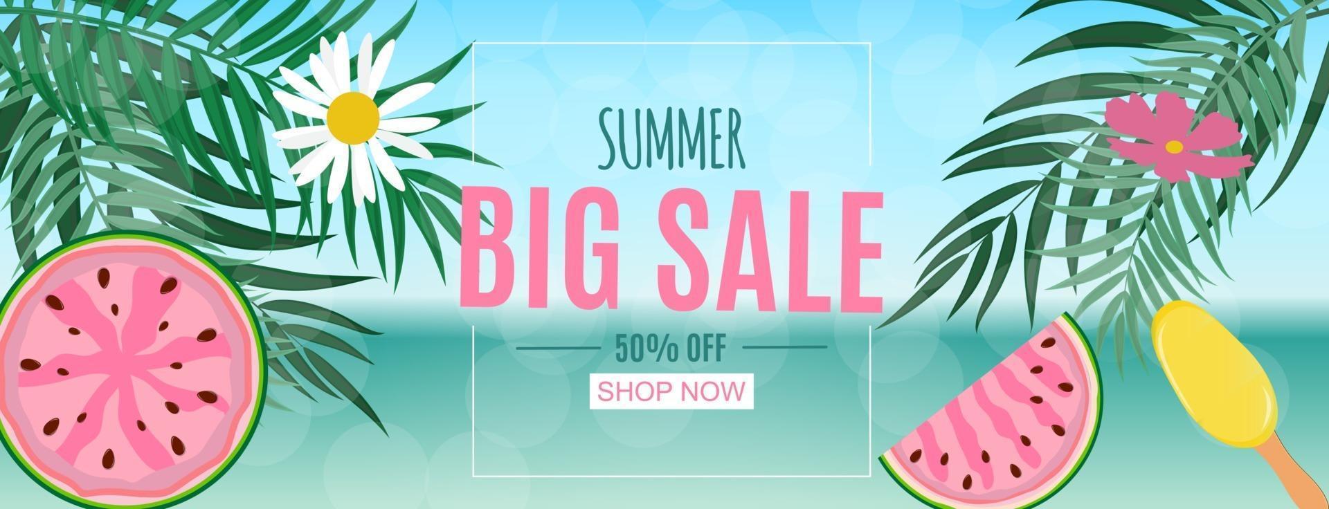 Abstract Summer Sale Background with Palm Leaves and Watermelon Vector Illustration