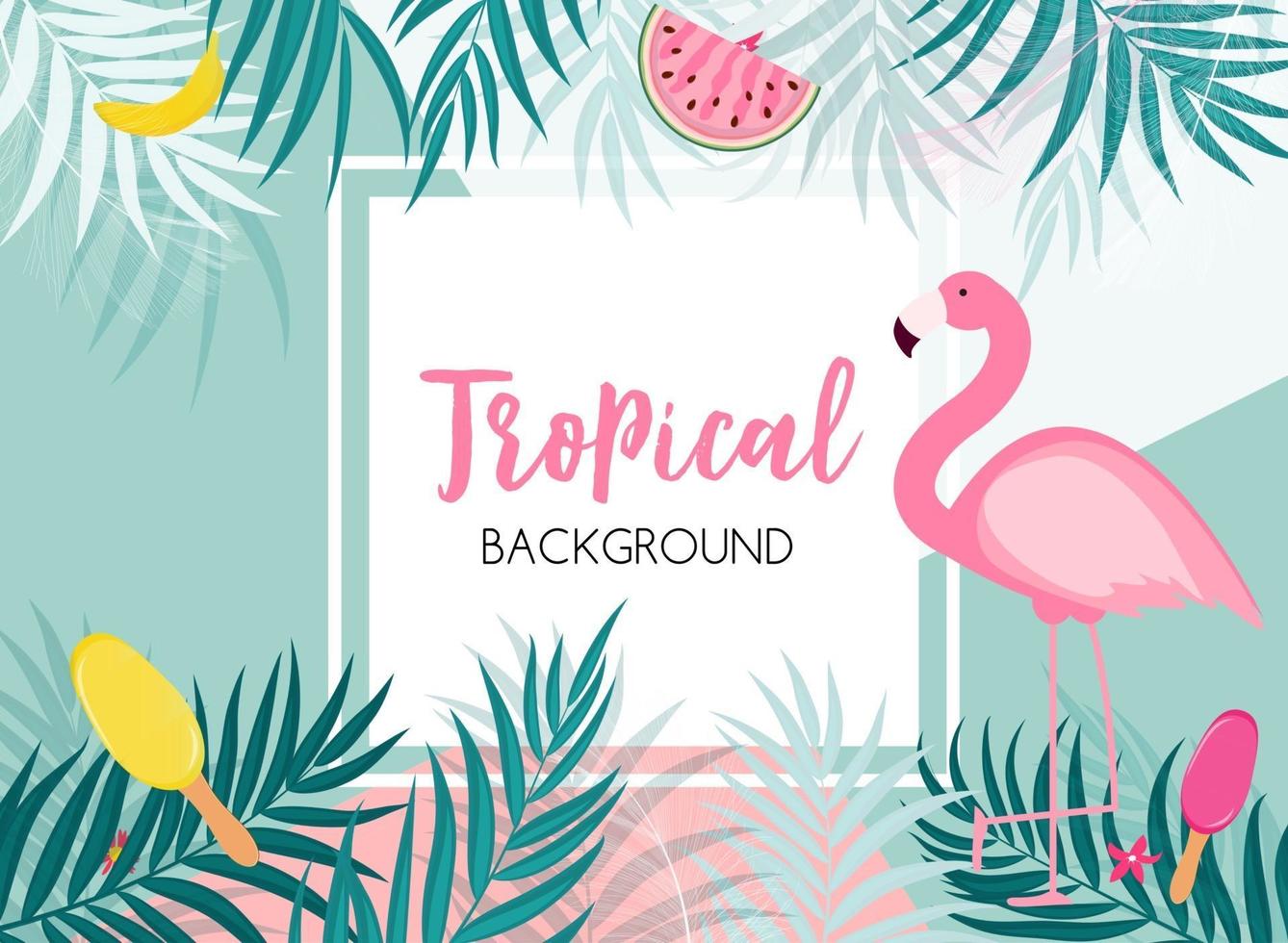 Cute Summer Abstract Frame Background with Pink Flamingo Vector Illustration