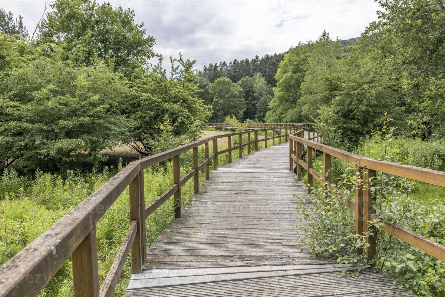 Puente de madera sobre un campo con prados y colinas boscosas foto