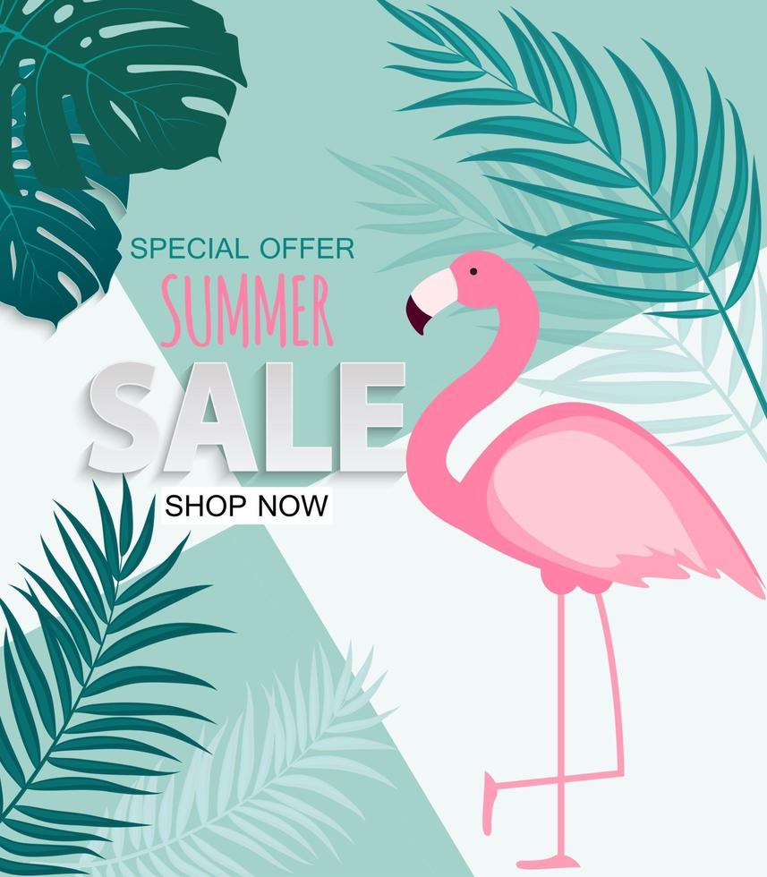 Abstract Summer Sale Background with Palm Leaves and Flamingo vector