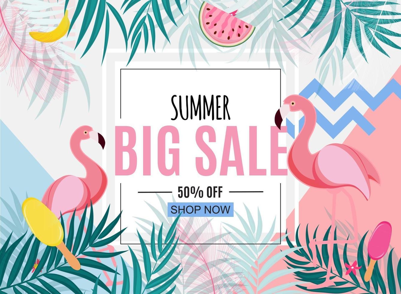 Abstract Summer Sale Background with Palm Leaves and Flamingo vector