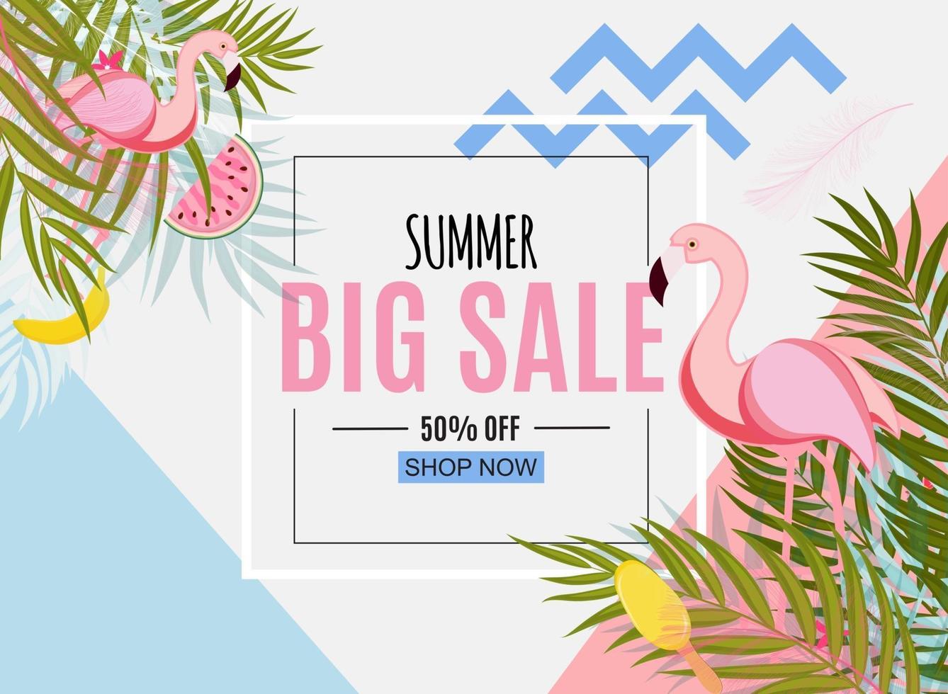 Abstract Summer Sale Background with Palm Leaves and Flamingo vector