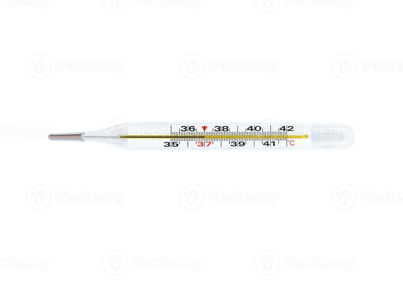 Mercury thermometer with 37 degree on scale isolated on white background Medical tool photo