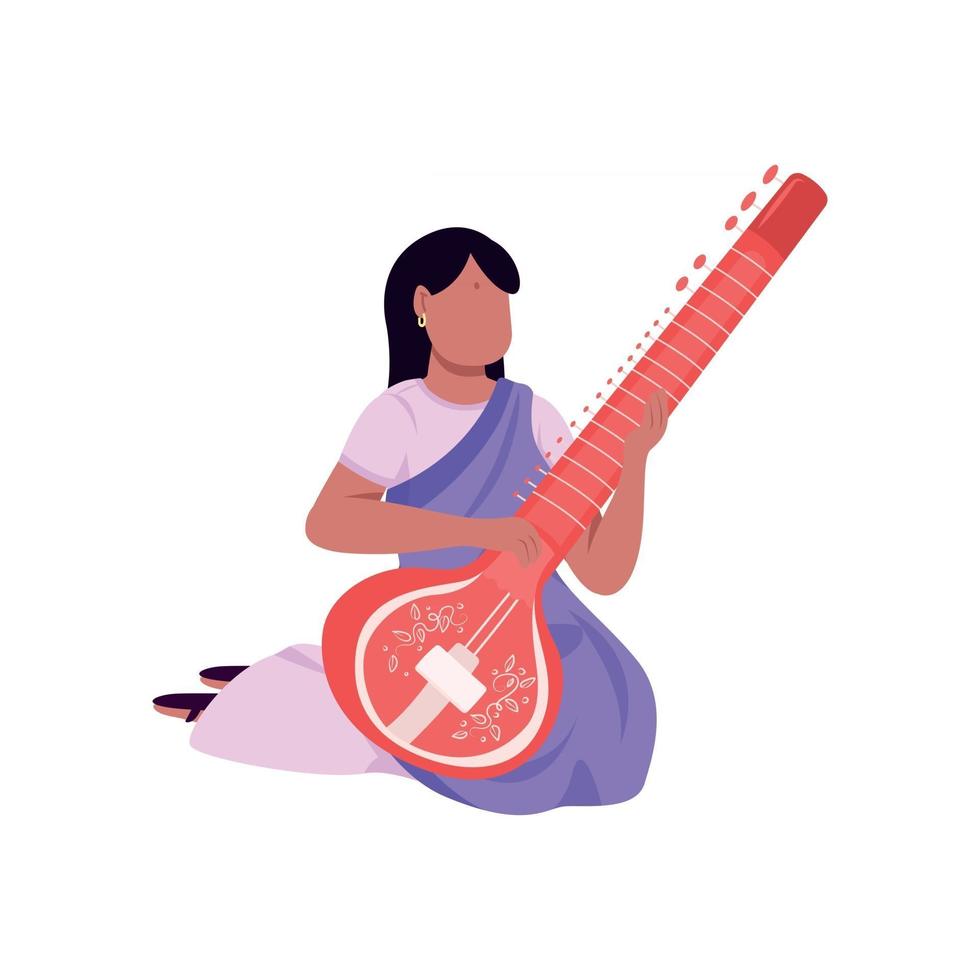 músico indio tocando sitar color plano vector personaje sin rostro