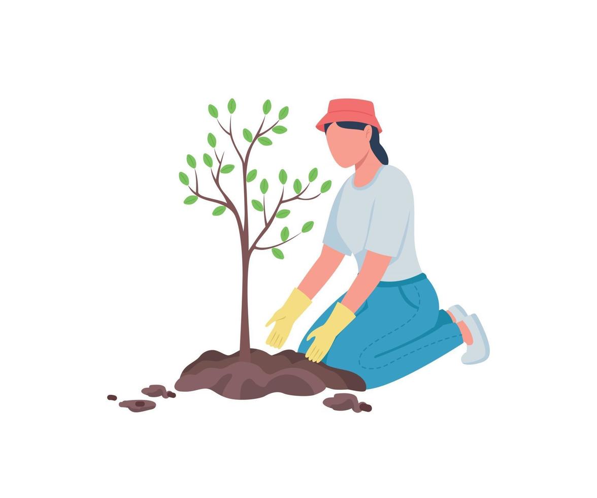 Woman planting tree flat color vector faceless character