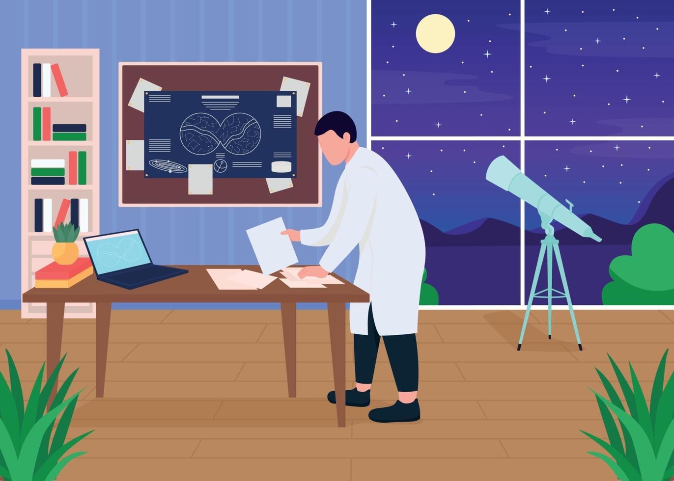 Astronomers workplace flat color vector illustration