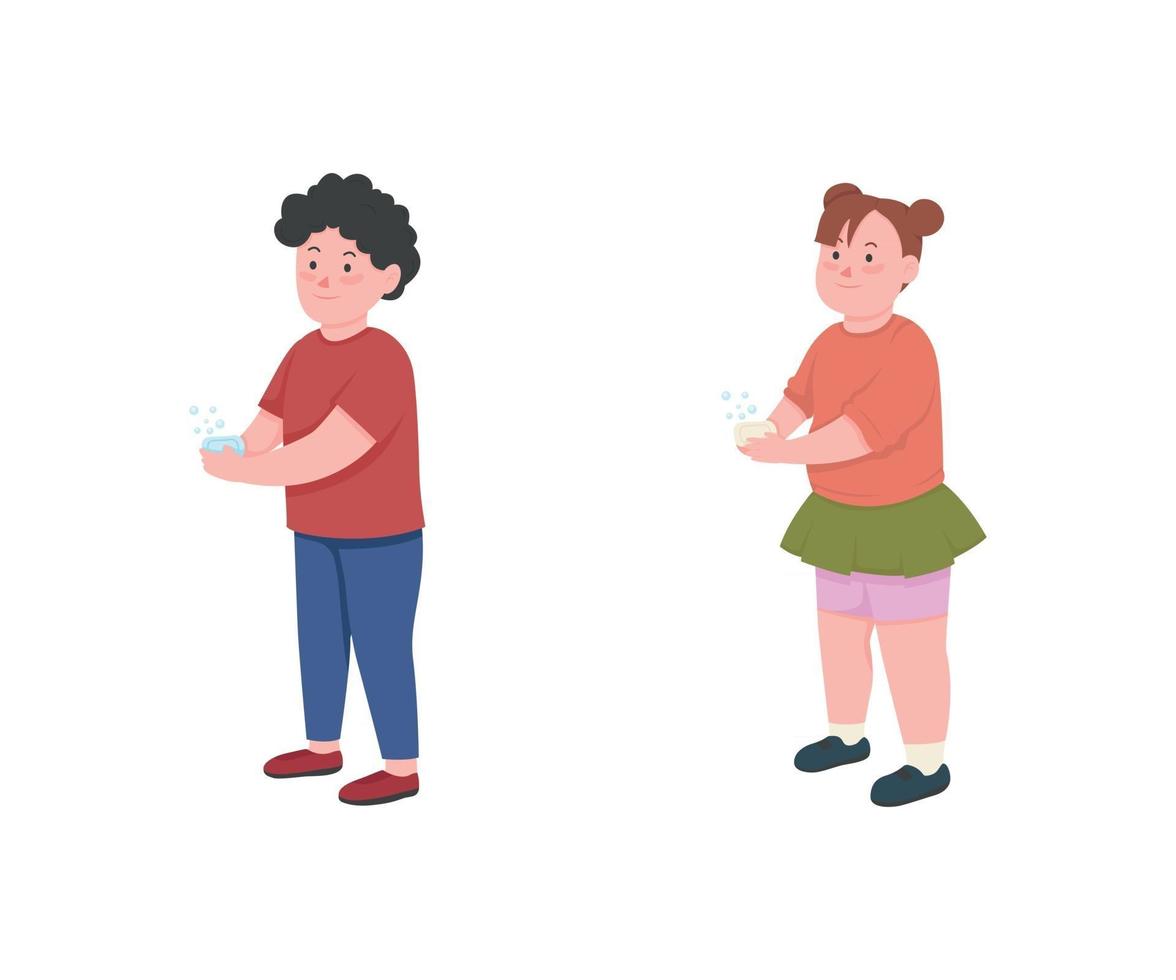 Children wash hands flat color vector faceless character set