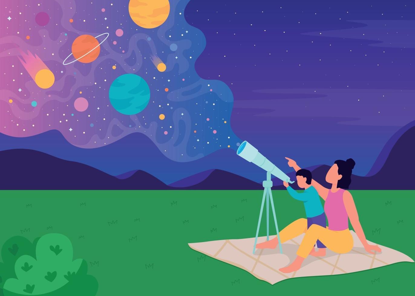 Family stargazing with telescope flat color vector illustration