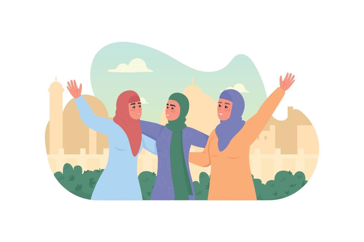 niñas árabes felices en hijabs banner web vector 2d