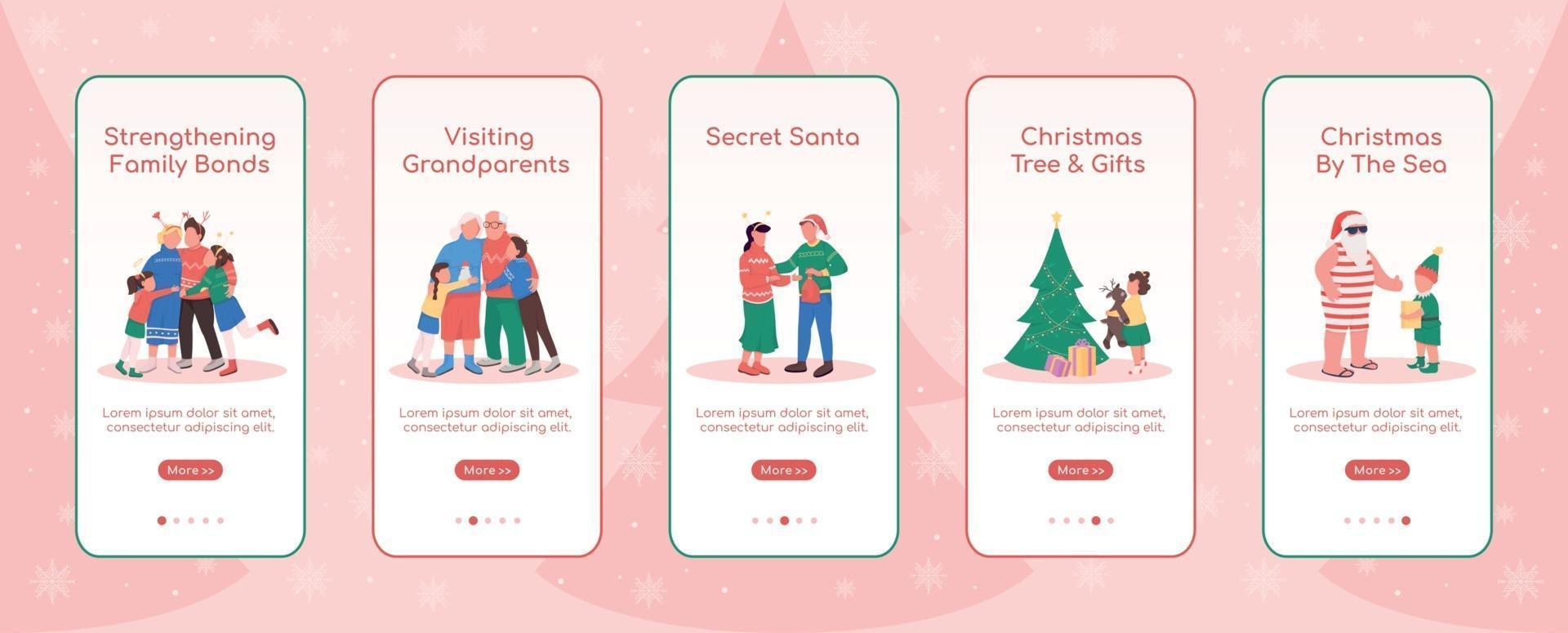 plantilla de vector plano de pantalla de aplicación móvil de incorporación de temporada navideña