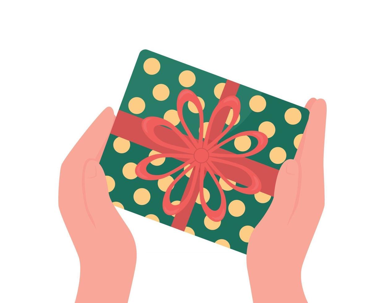 Hands give wrapped gift flat color vector object