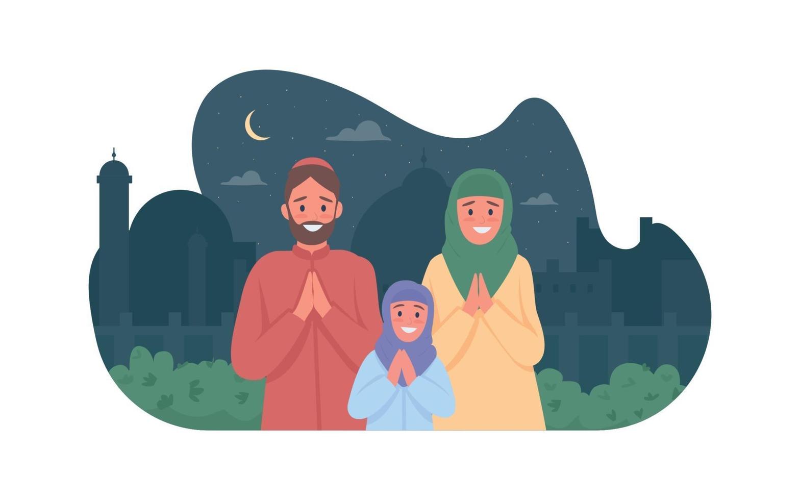 Happy arabian family pray on religious holiday 2D vector web banner