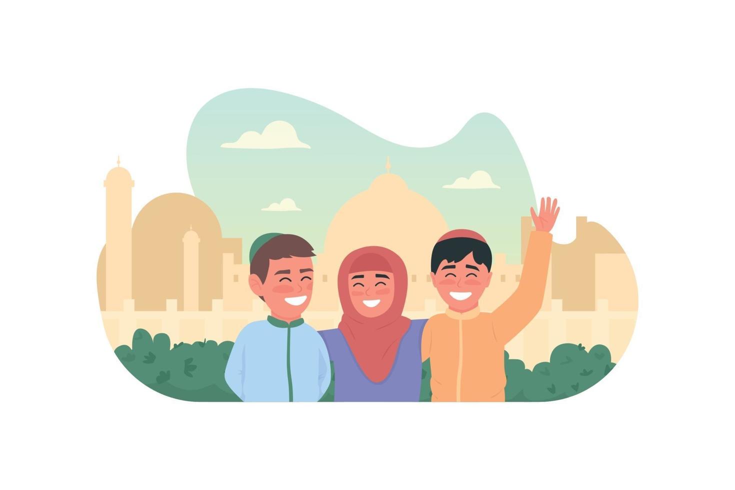 Happy muslim children 2D vector web banner