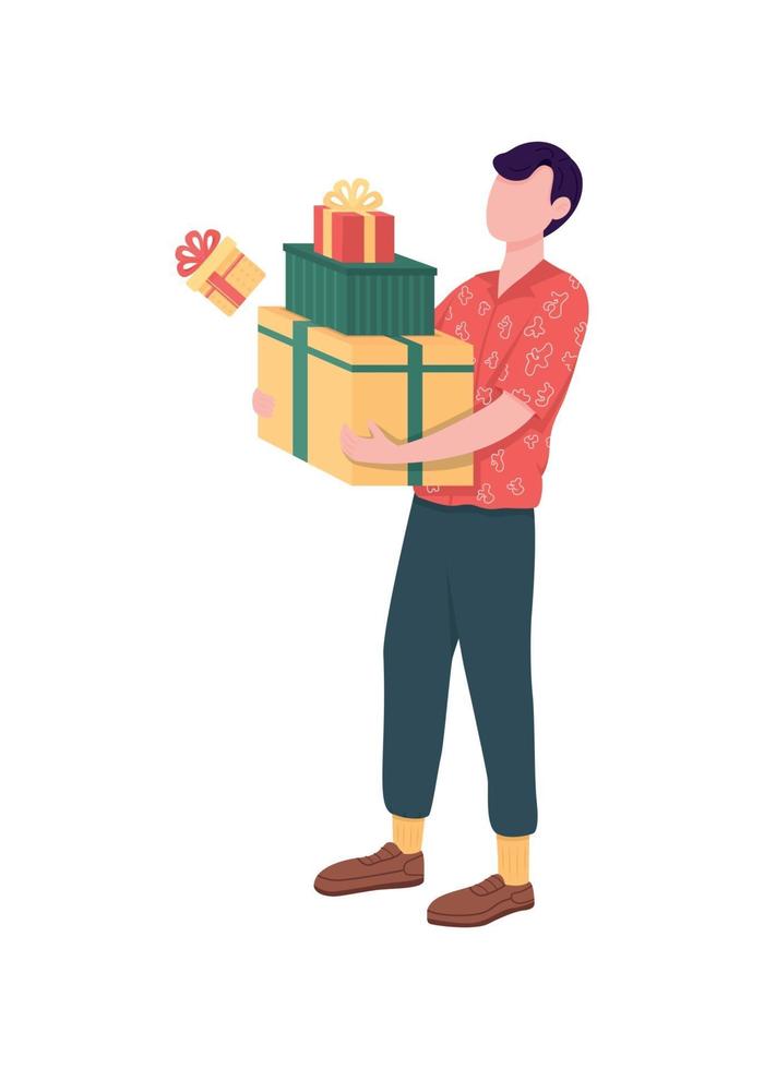 Man with gift boxes flat color vector faceless character