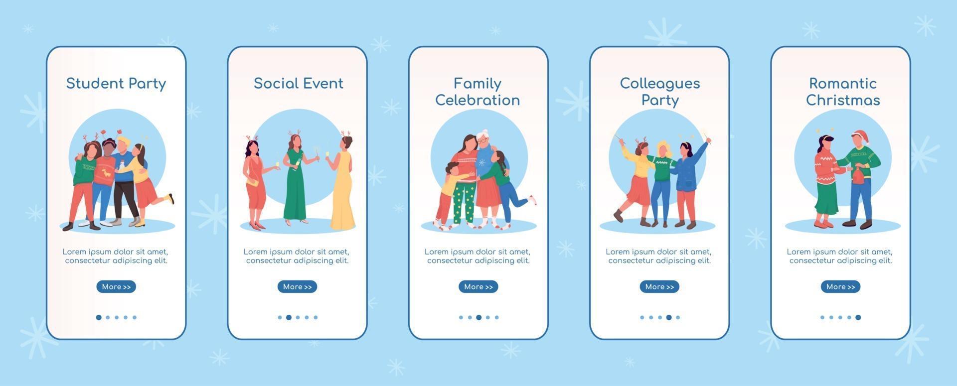 Festive holiday celebration onboarding mobile app screen flat vector template