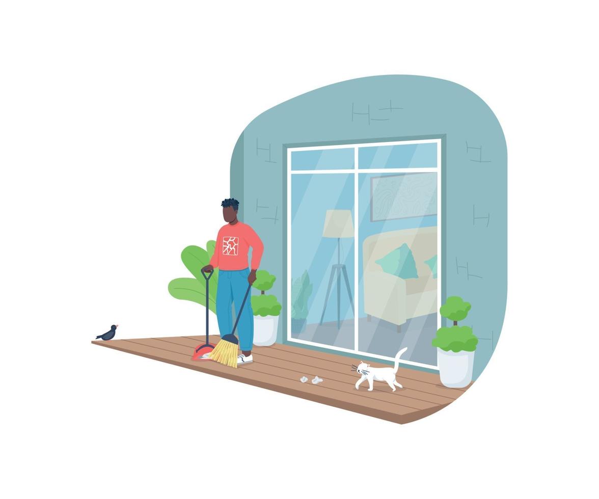 African american man sweeping porch flat color vector faceless character