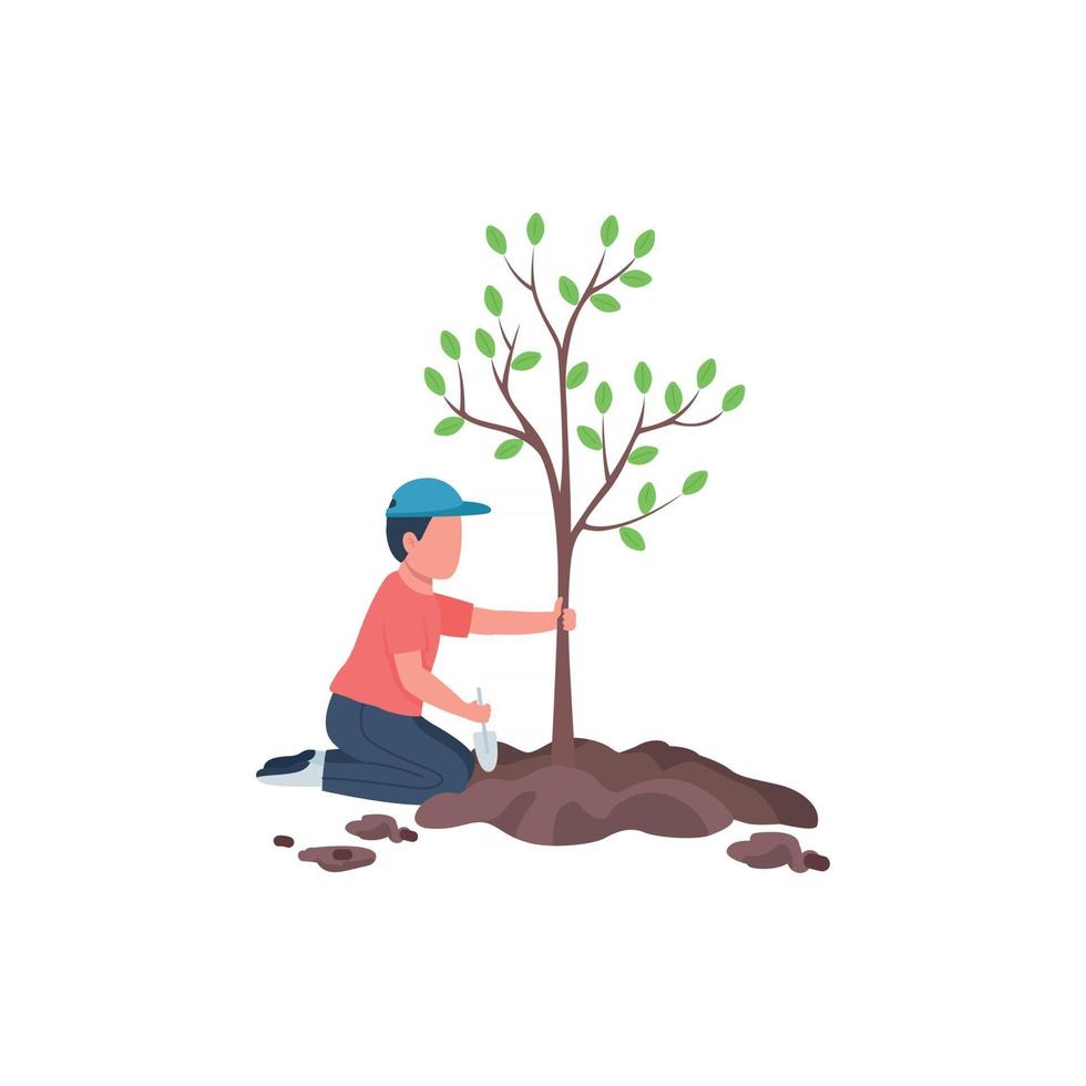 Boy planting tree flat color vector faceless character