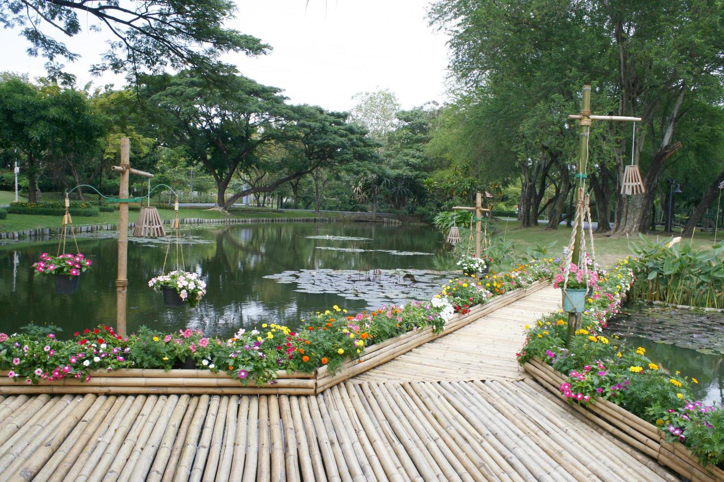 Puente de bambú con flor en el jardín foto