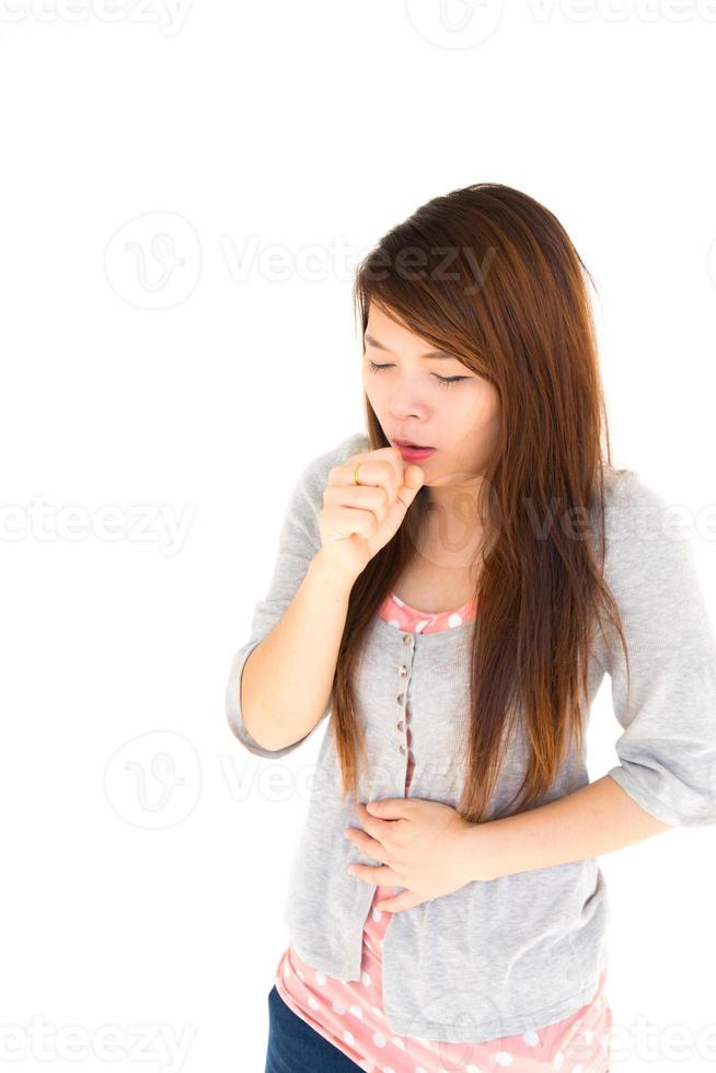 thai sick woman is coughing on white background and blank area at left side photo