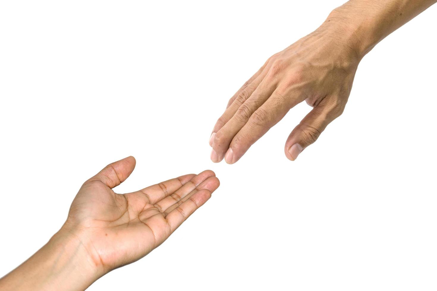 Hands of two people were stretching together on white background photo