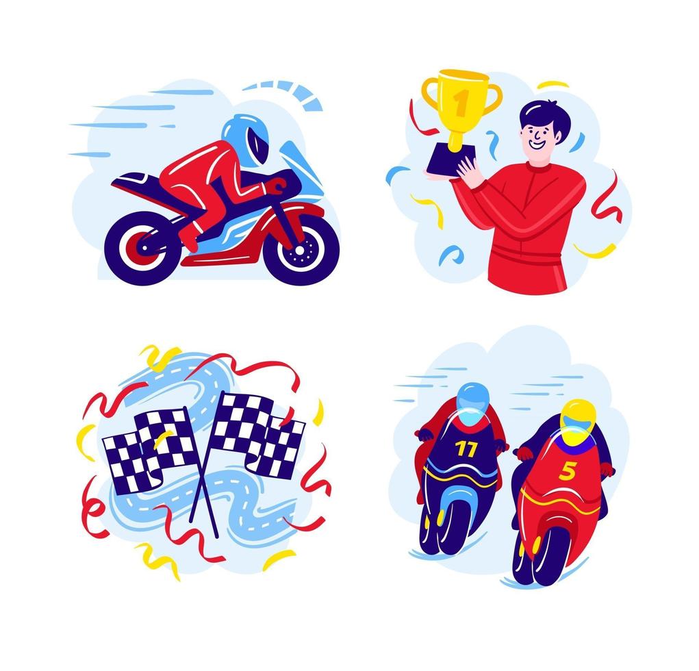 Set of motorcycle racing illustrations in a flat design vector