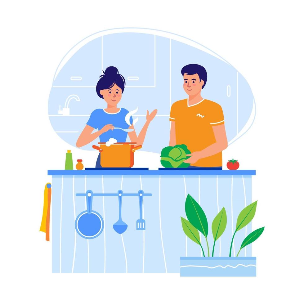 pareja joven cocinando en una cocina en un diseño plano vector