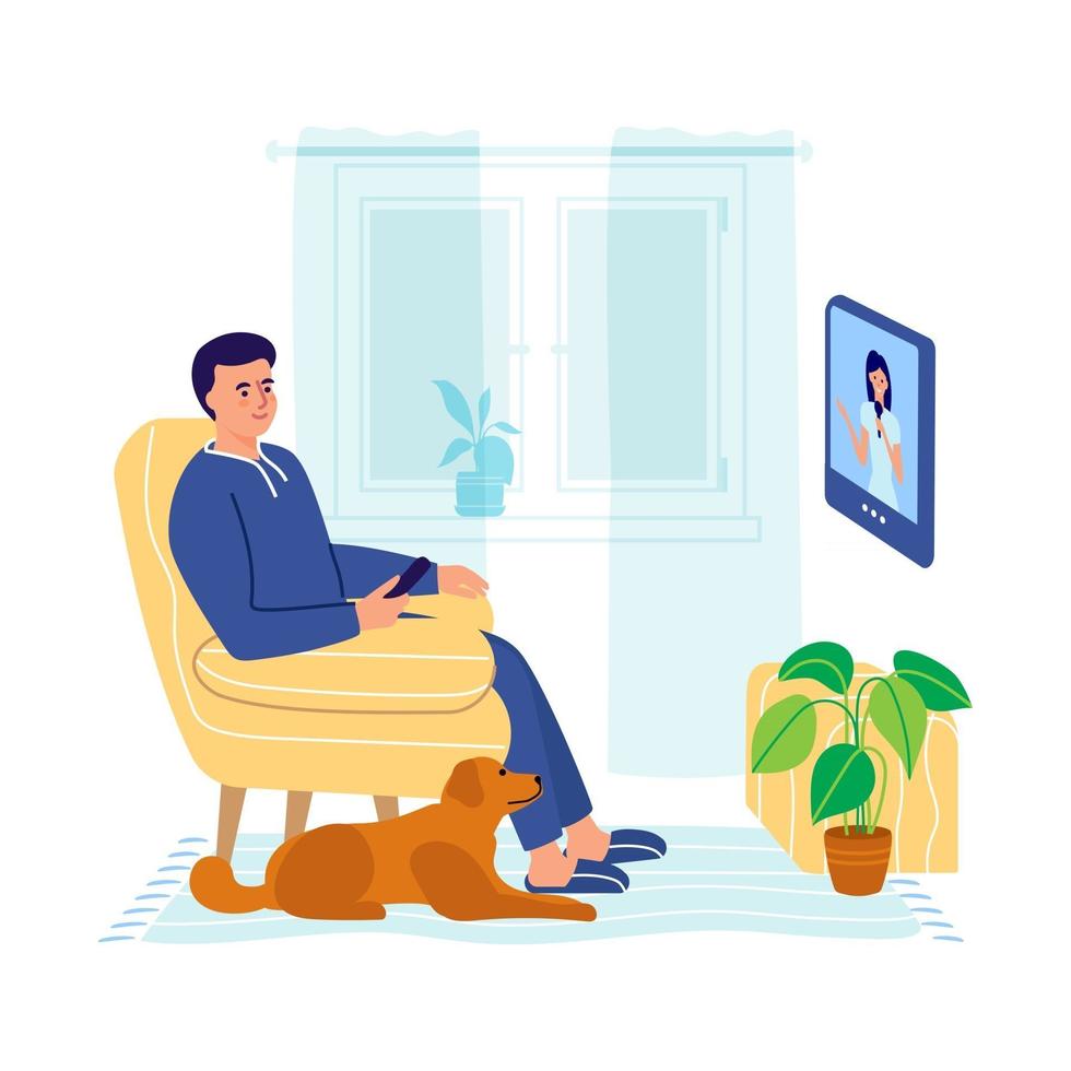 A man sits in an armchair and watches TV vector
