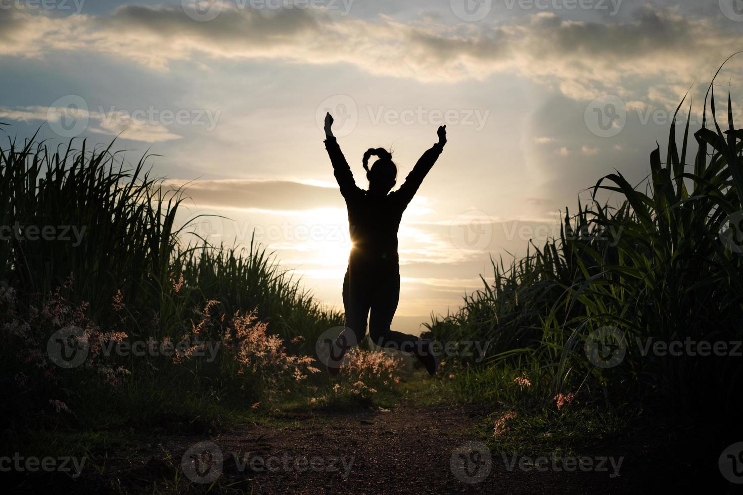 Farmer woman silhouette jump in the sugar cane plantation in the background sunset evening photo