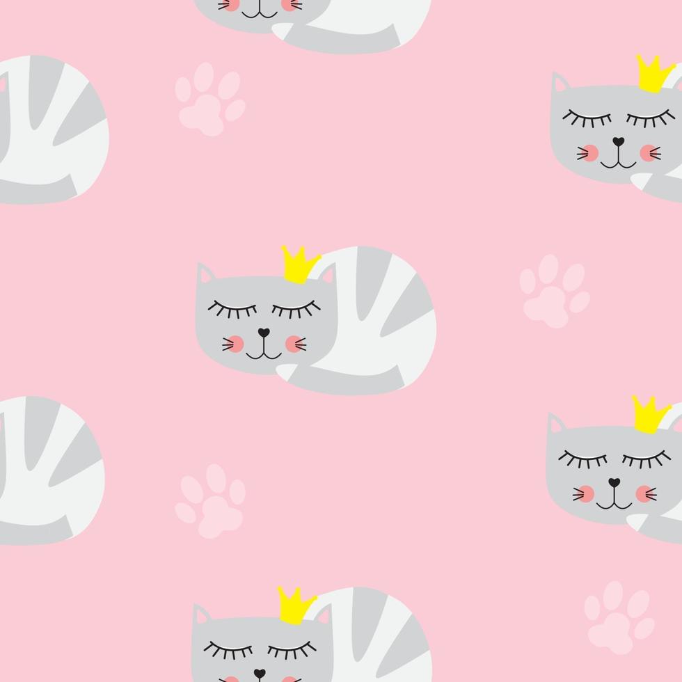 Little Cute Cat Princess Seamless Pattern Background Vector Illustration