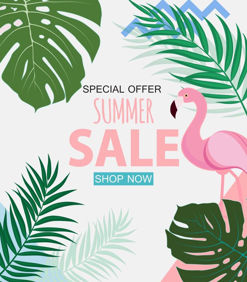 Fondo abstracto de venta de verano tropical con flamencos y hojas vector