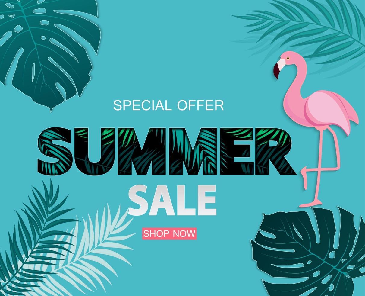 Abstract Tropical Summer Sale Background with Flamingo and Leaves vector