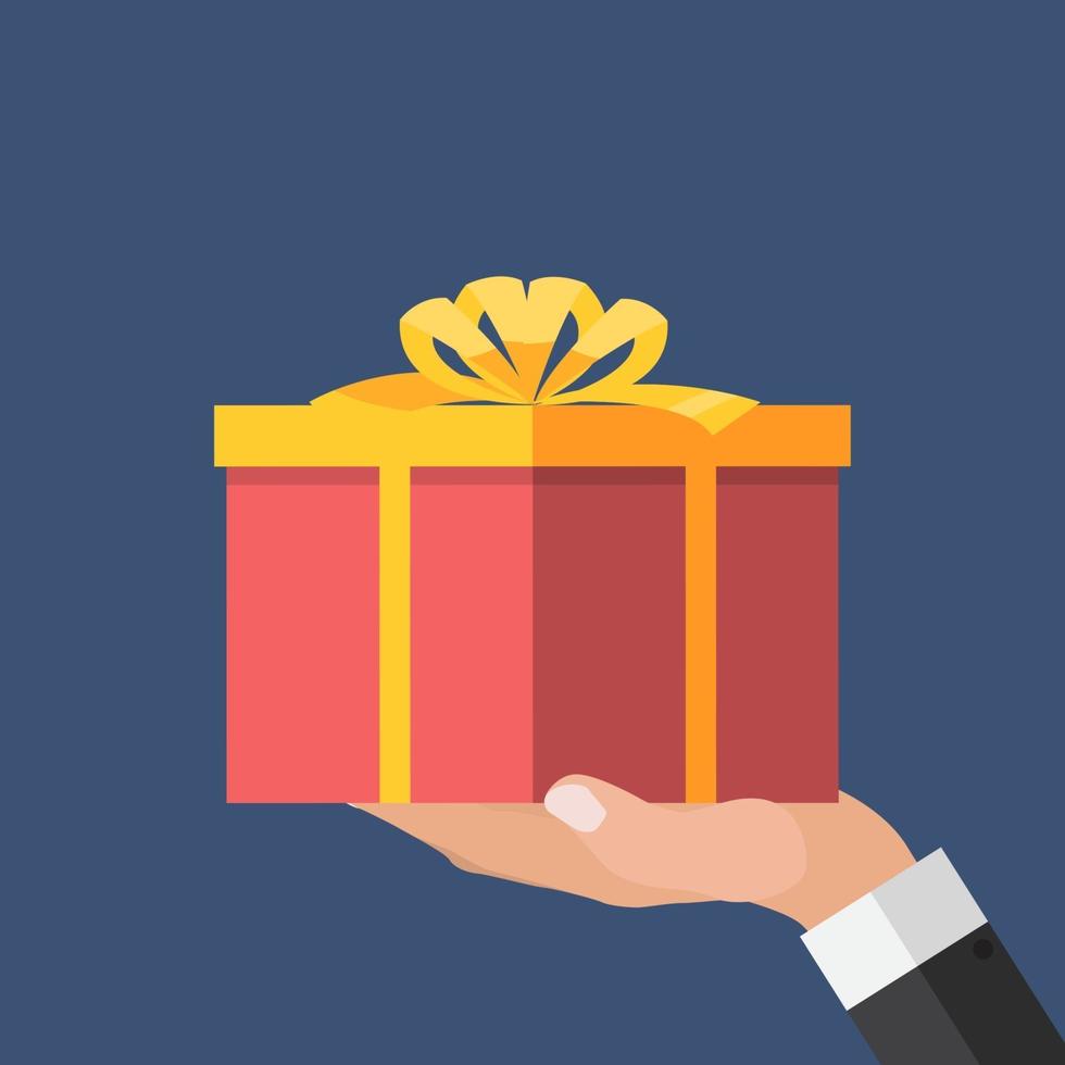 Hand with Gift Box Flat Design. Present Gift Coupon Concept vector