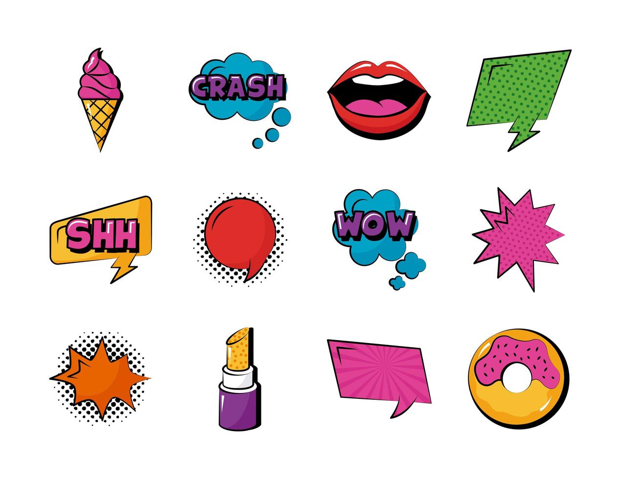 paquete de doce iconos de conjunto de arte pop vector