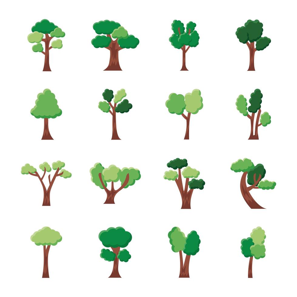 bundle of sixteen trees set collection icons vector
