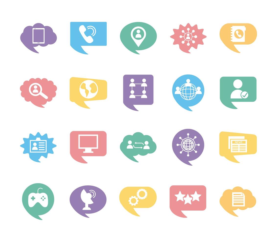 veinte iconos de conjunto de marketing en redes sociales vector