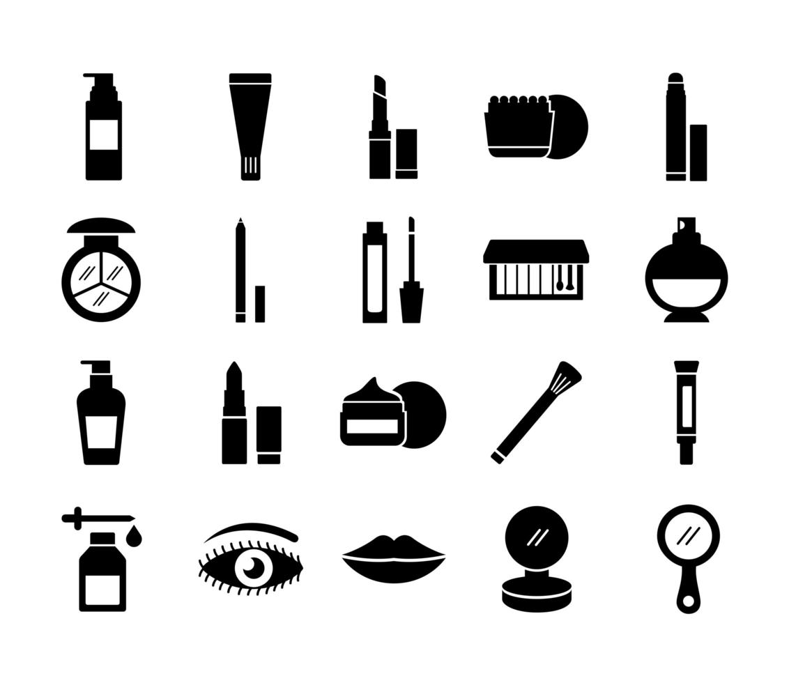 Paquete de veinte iconos de conjunto de cosméticos de maquillaje vector