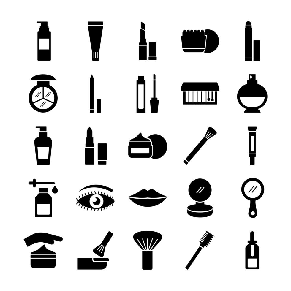 Paquete de veinticinco iconos de conjunto de cosméticos de maquillaje vector