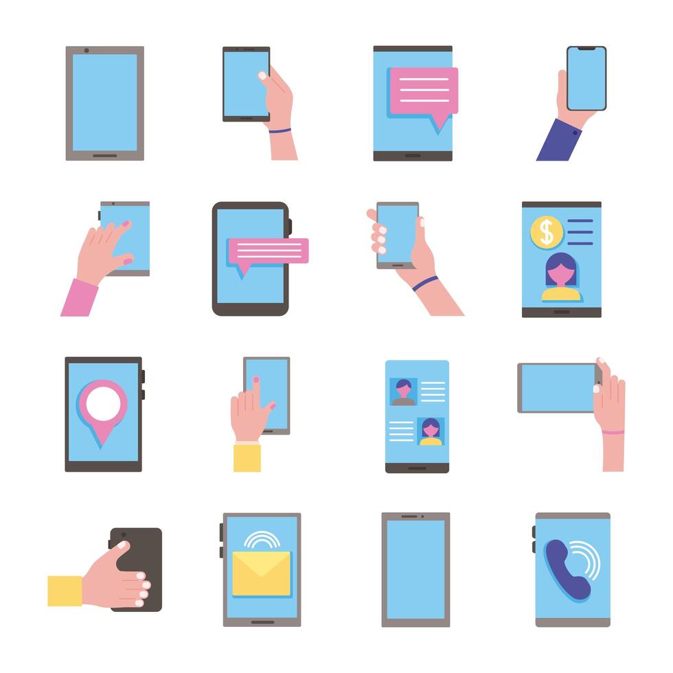 bundle of sixteen smartphones devices set collection icons vector