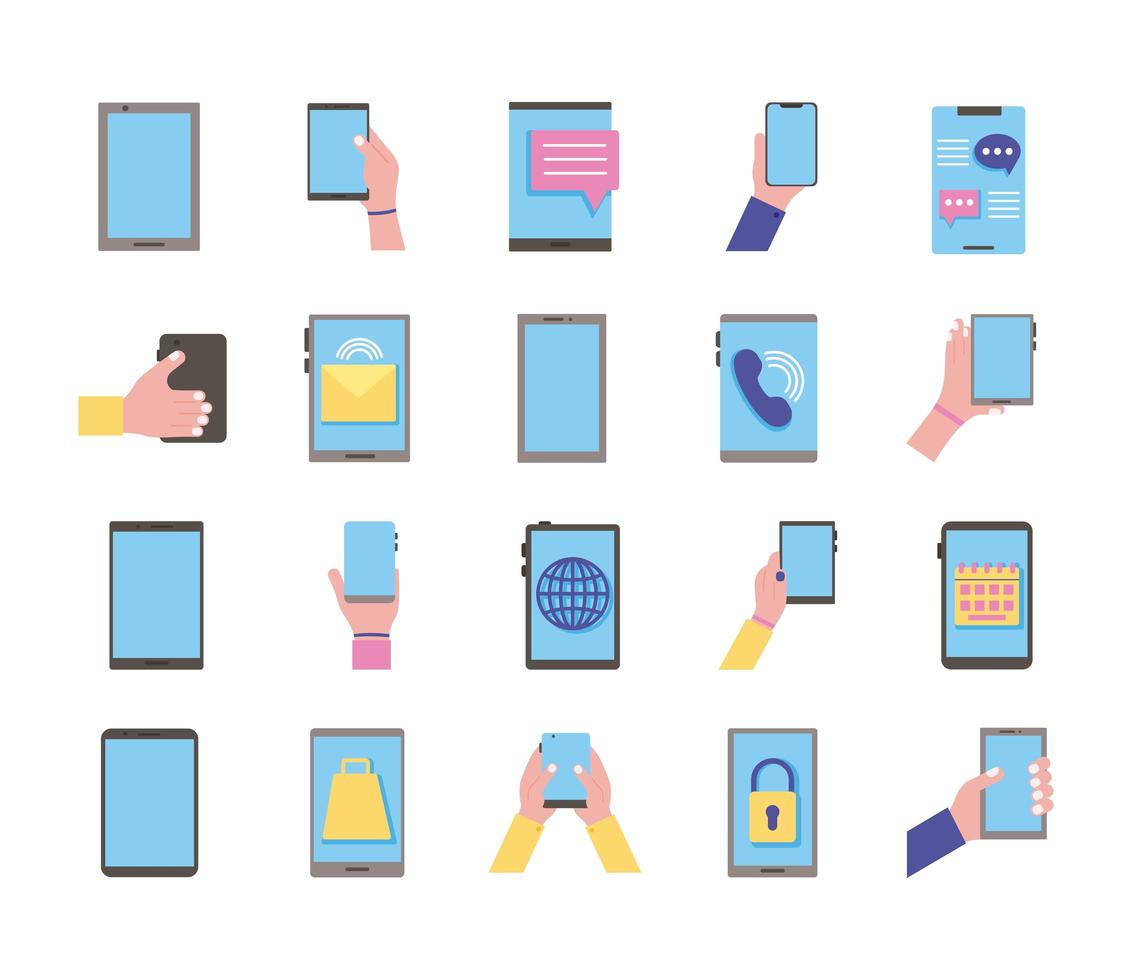 bundle of twenty smartphones devices set collection icons vector