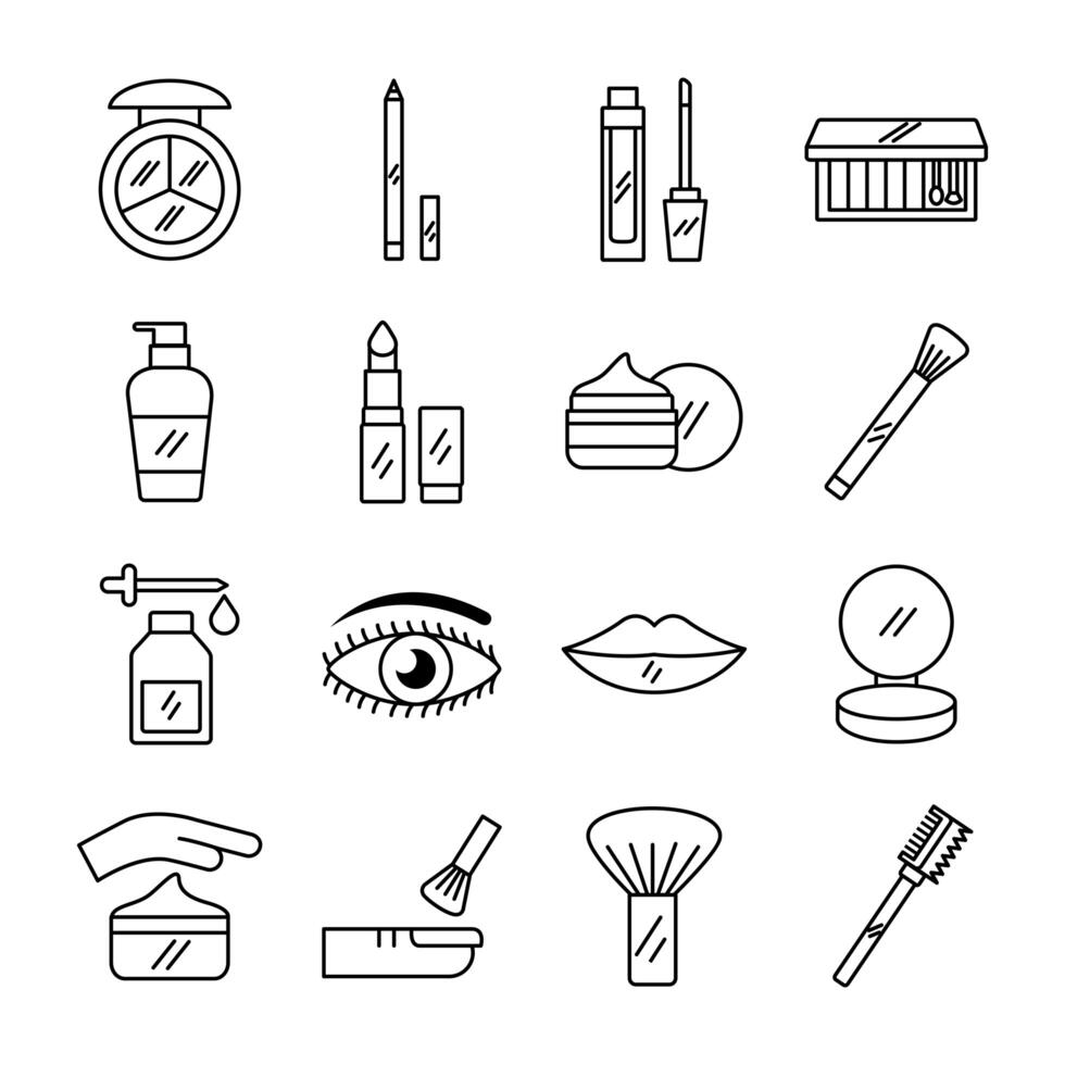 Paquete de dieciséis iconos de conjunto de cosméticos de maquillaje vector