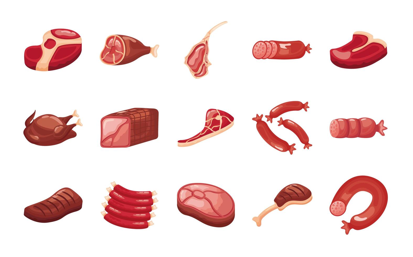 bundle of meat cuts set icons vector