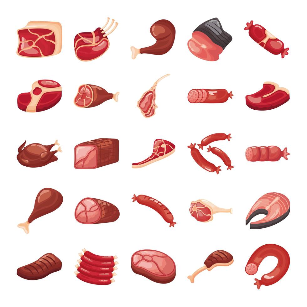 paquete de cortes de carne establecer iconos vector