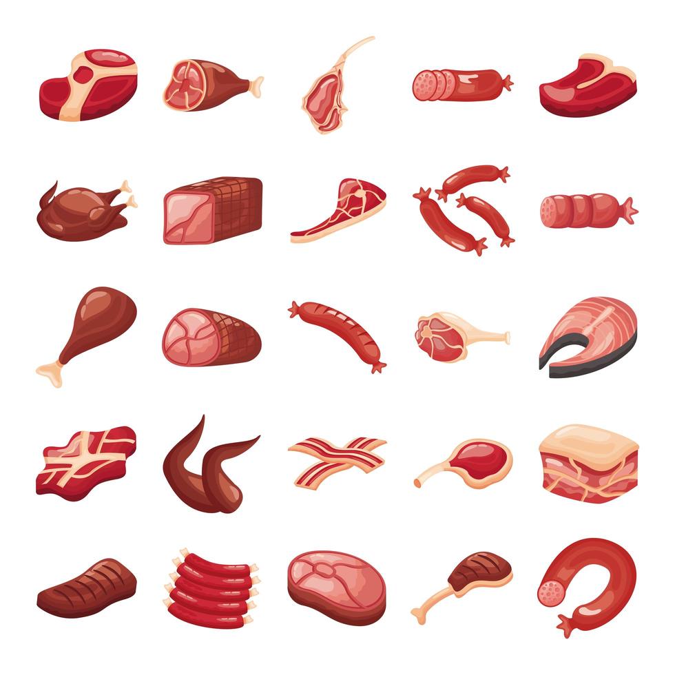bundle of meat cuts set icons vector