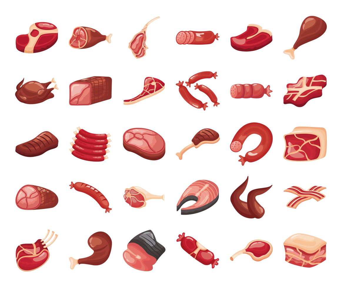 bundle of meat cuts set icons vector